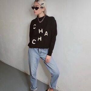 ELLandEMM Cha Cha Word Applique Cotton Crewneck Pullover Sweatshirt Black XL